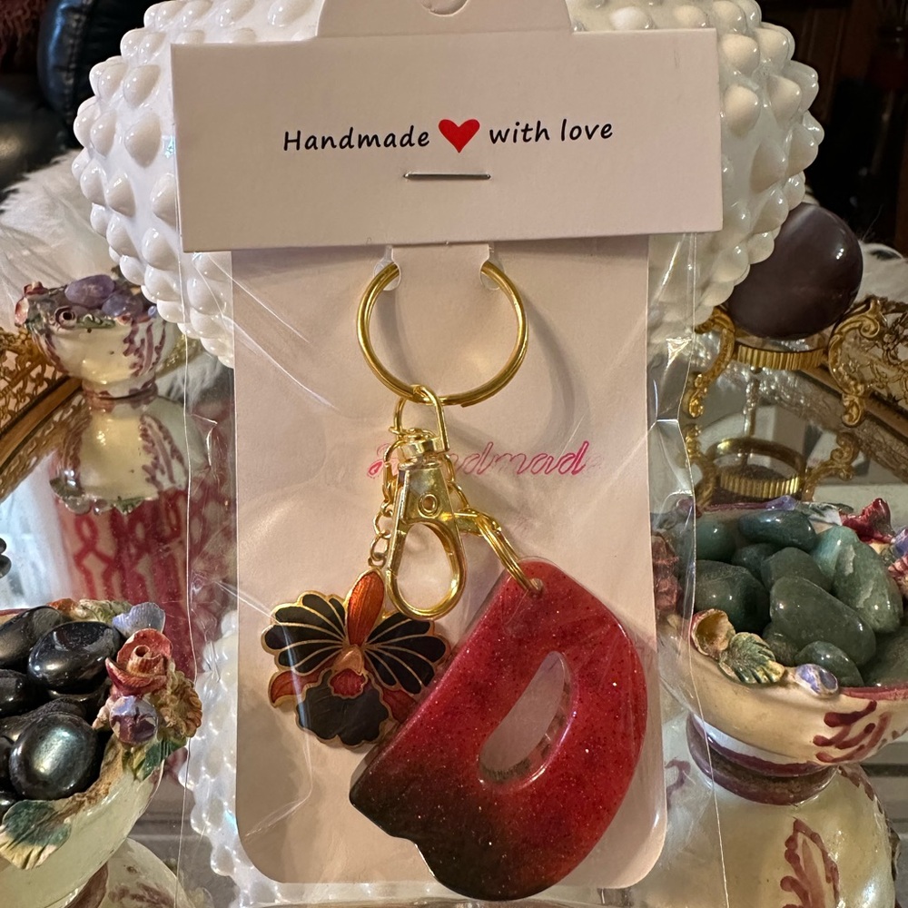 Handmade Red Keychain with Floral Charm